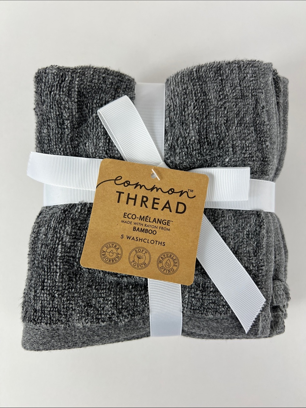 Common Thread Eco-Mélange Bamboo Washcloth Set Charcoal Gray Cotton 5 Pc NEW